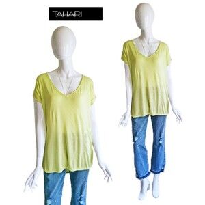 TAHARI NWT Lime Sorbet Linen Blend Semi-Sheer Oversized V-Neck Top M